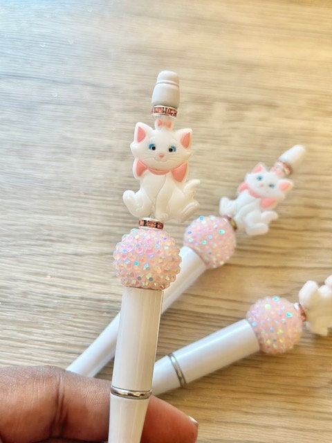Pink and White Cat Beaded Pen