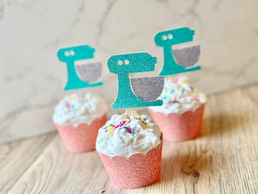Baking Stand Mixer Glitter Cupcake Toppers - Set of 12