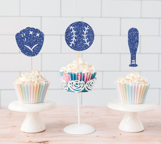 Glitter Baseball Party Cupcake Toppers