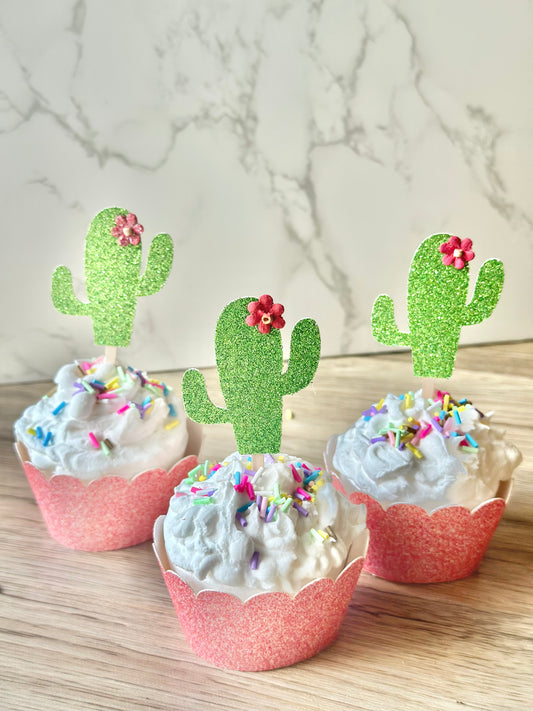 Cactus w/ Flowers Cupcake Toppers - Set of 12