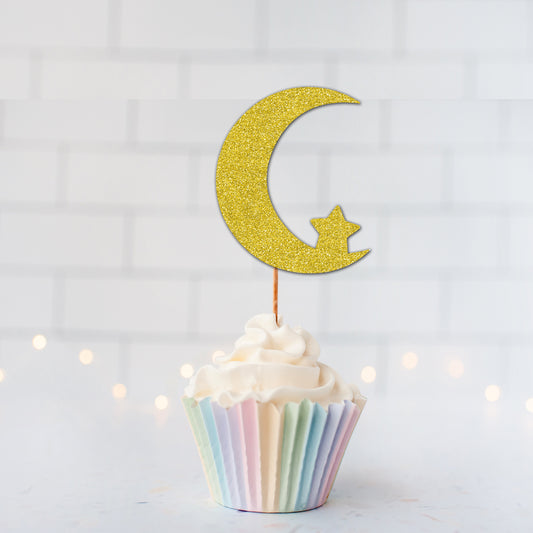 READY TO SHIP - Glitter Moon & Stars Cupcake Toppers