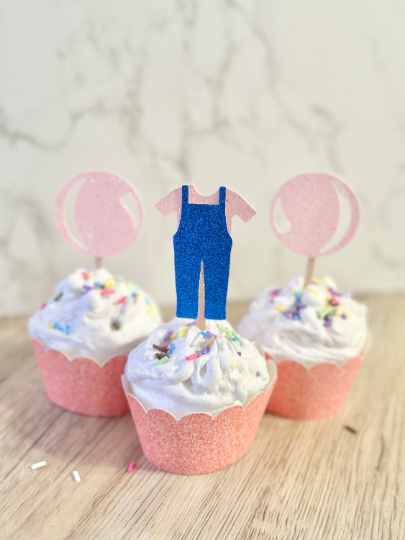 Glitter Pink and Blue Overalls Cupcake Toppers - Set of 12