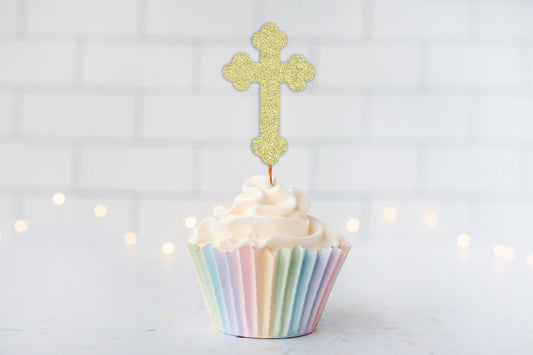 Glitter Baptism Cross Cupcake Toppers