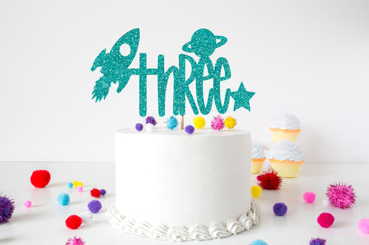Space 3rd Birthday Glitter Cake Topper