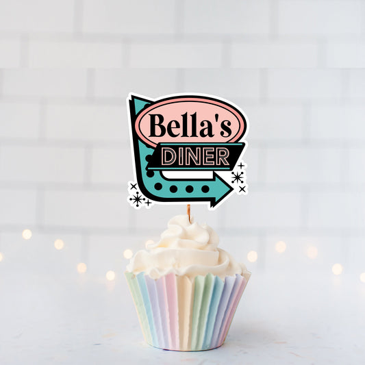 Personalized Diner Sign Printed Cupcake toppers