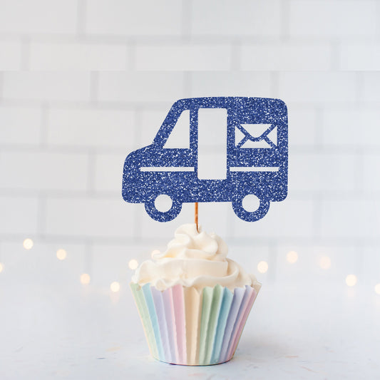 READY TO SHIP Glitter Postal Truck Cupcake Toppers