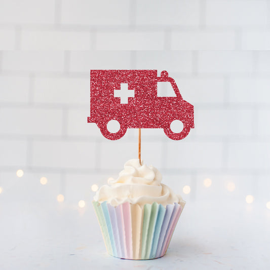 READY TO SHIP - Glitter Ambulance Cupcake Toppers