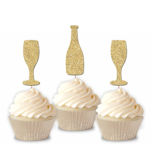 READY TO SHIP Glitter Champagne Cupcake Toppers