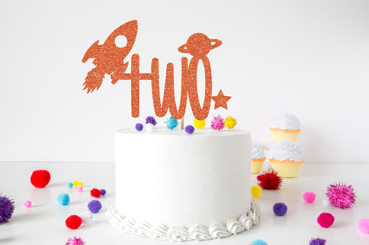 Space 2nd Birthday Glitter Cake Topper