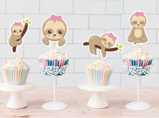 Baby Sloth w/ Bow Printed Cupcake Toppers
