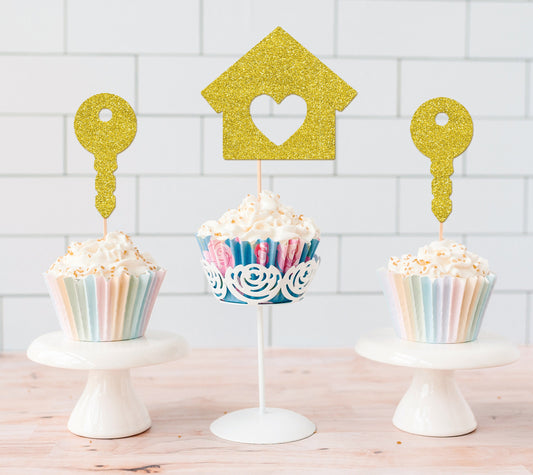 READY TO SHIP - Glitter House and Key Cupcake Toppers