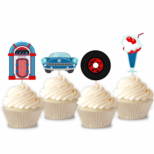 Sock Hop Printed Cupcake Toppers - Blue/Red Version