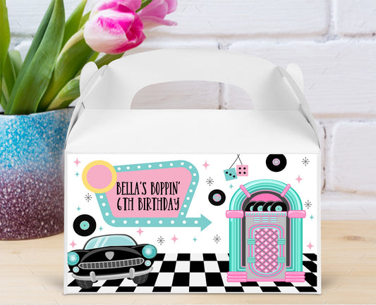 Personalized Sock Hop Goodie Boxes - Pink and Teal - Custom Goodie Box Labels